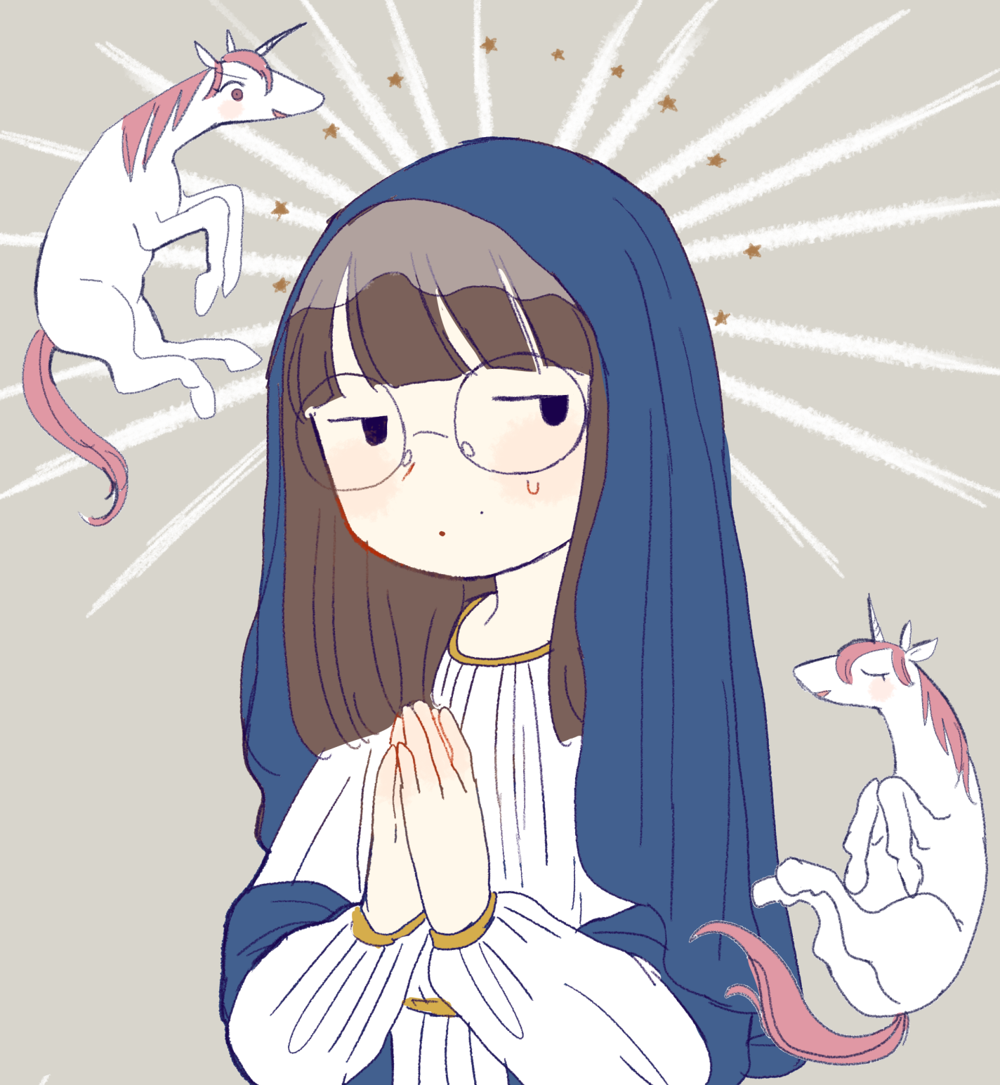 ikuta semi, emuko (ikkakujuu wa tsuranukanai), uni (ikkakujuu wa tsuranukanai), ikkakujuu wa tsuranukanai, highres, 1girl, blunt bangs, christianity, glasses, long hair, mole, round eyewear, simple background, unicorn, upper body