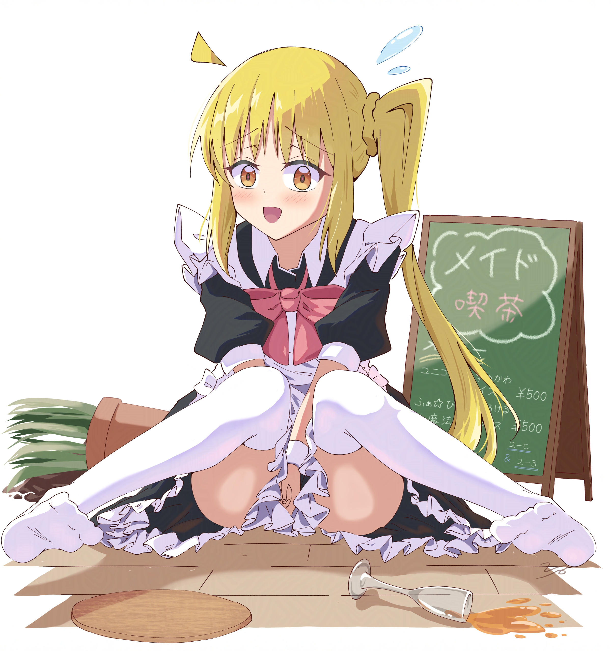 vbpicture, ijichi nijika, bocchi the rock!, absurdres, commentary request, highres, translation request, 1girl, ahoge, alternate costume, apron, arms between legs, black dress, blonde hair, cup, detached ahoge, dress, dress tug, drinking glass, enmaided, flower pot, frilled apron, frilled dress, frills, full body, knees together feet apart, long hair, looking at viewer, maid, maid apron, menu board, neck ribbon, open mouth, orange eyes, pink ribbon, ribbon, short sleeves, side ponytail, sitting, soles, spilling, sweatdrop, thighhighs, thighs, tray, white apron, white thighhighs