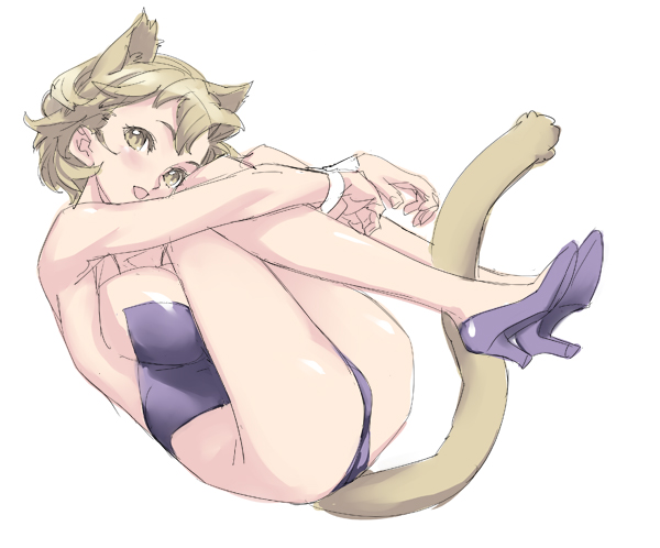nishieda, light brown hair, 1girl, animal ears, between legs, breasts, cat ears, cat tail, detached sleeves, female focus, full body, high heels, hugging own legs, knees to chest, large breasts, legs together, looking at viewer, open mouth, shoes, short hair, simple background, solo, tail, white background
