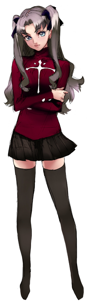 nishieda, tohsaka rin, fate/stay night, fate (series), long image, tall image, 00s, 1girl, black thighhighs, blue eyes, female focus, hair ribbon, long hair, long legs, long sleeves, miniskirt, ribbon, simple background, sketch, skirt, solo, thighhighs, turtleneck, zettai ryouiki