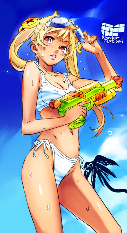 nishieda, 1girl, bikini, blonde hair, day, female focus, goggles, gun, holding, navel, palm tree, parted lips, side-tie bikini bottom, solo, striped bikini, striped clothes, swimsuit, tree, twintails, water gun, weapon, wet