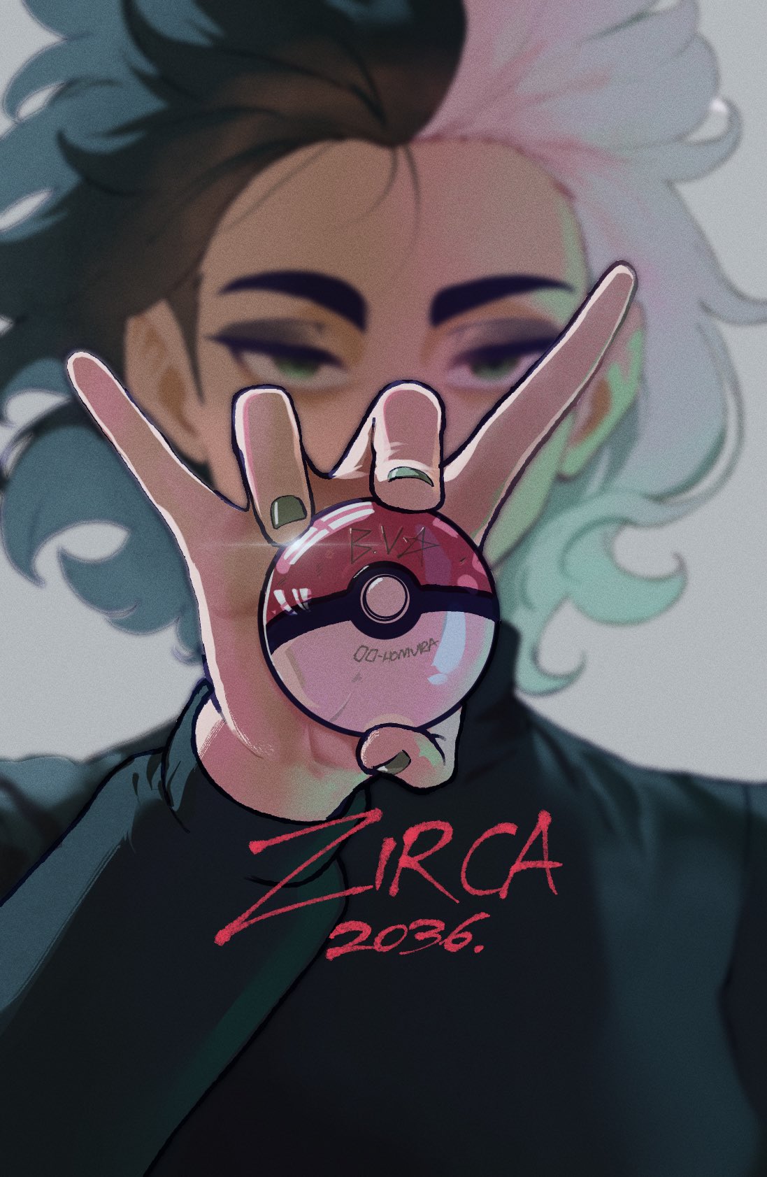 nyantcha, yorra villeneuve (nyantcha), nintendo, original, pokemon, highres, variant set, 1girl, n/, black eyeshadow, black hair, black shirt, blurry, covered mouth, depth of field, eyeshadow, floating hair, green eyes, green nails, half-closed eyes, holding, holding poke ball, holding with gesture, long sleeves, looking at viewer, makeup, multicolored hair, poke ball, poke ball (basic), shirt, short hair, solo, split-color hair, two-tone hair, white hair
