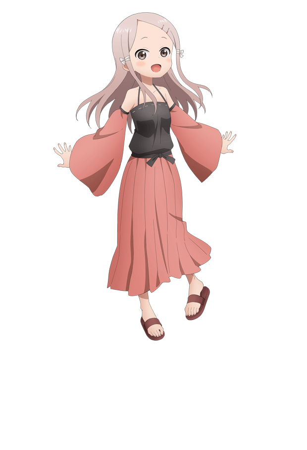 okuda yousuke, ajisai (kunoichi tsubaki no mune no uchi), kunoichi tsubaki no mune no uchi, official art, 1girl, :d, anime coloring, bare shoulders, black camisole, black sash, blush, breasts, brown eyes, brown sandals, camisole, collarbone, detached sleeves, full body, grey hair, hair ornament, hair ribbon, hairclip, long hair, long skirt, looking at viewer, open hands, open mouth, outstretched arms, parted bangs, pink skirt, pink sleeves, pleated skirt, ribbon, sandals, sash, sidelocks, simple background, skirt, small breasts, smile, solo, spread fingers, standing, tachi-e, transparent background, white ribbon, wide sleeves