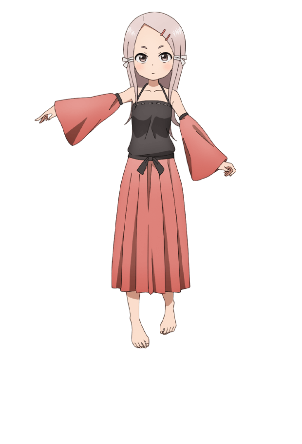 okuda yousuke, ajisai (kunoichi tsubaki no mune no uchi), kunoichi tsubaki no mune no uchi, official art, 1girl, anime coloring, bare shoulders, black camisole, black sash, blush, breasts, brown eyes, camisole, closed mouth, collarbone, detached sleeves, full body, grey hair, hair ornament, hair ribbon, hairclip, long hair, long skirt, looking at viewer, parted bangs, pink skirt, pink sleeves, pleated skirt, ribbon, sash, sidelocks, simple background, skirt, small breasts, solo, standing, tachi-e, transparent background, white ribbon, wide sleeves