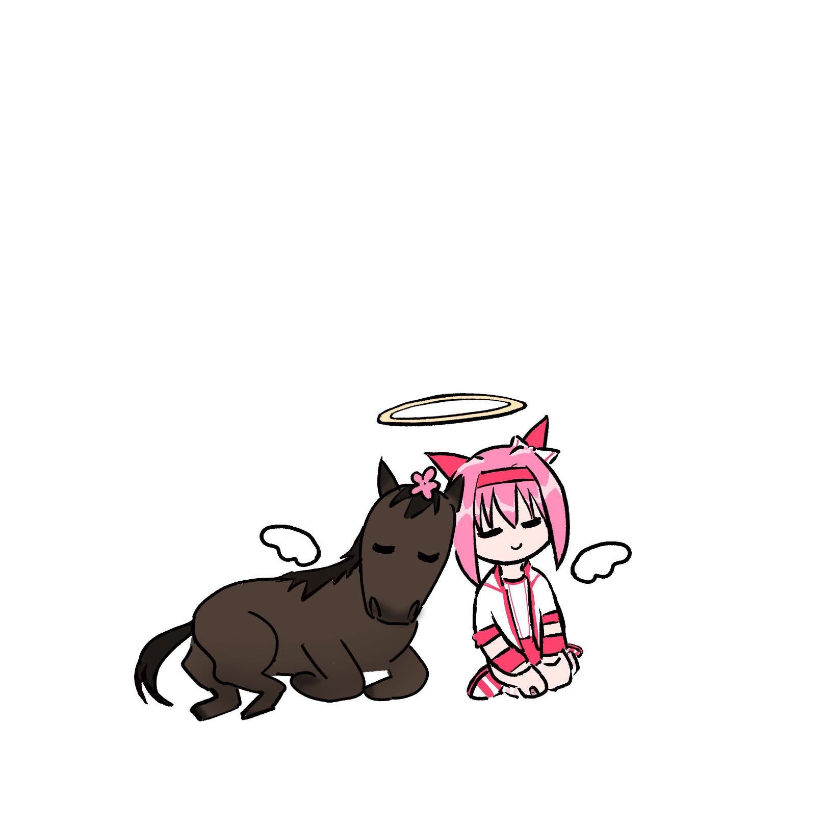 furururu (zeromai f), haru urara (racehorse), haru urara (umamusume), real life, umamusume, highres, 1girl, angel wings, animal ears, bandaid, bandaid on leg, bow, brown horse, buruma, closed eyes, closed mouth, creature and personification, ear bow, ear covers, facing viewer, fingerless gloves, flower, gloves, hairband, halo, haru urara (bestest prize) (umamusume), headband, horse, horse ears, horse girl, horse tail, jacket, long hair, personification, pink buruma, pink hair, pink headband, ponytail, red buruma, red gloves, red headband, seiza, shirt, simple background, sitting, smile, socks, striped clothes, striped socks, tail, white background, white jacket, white shirt, wings