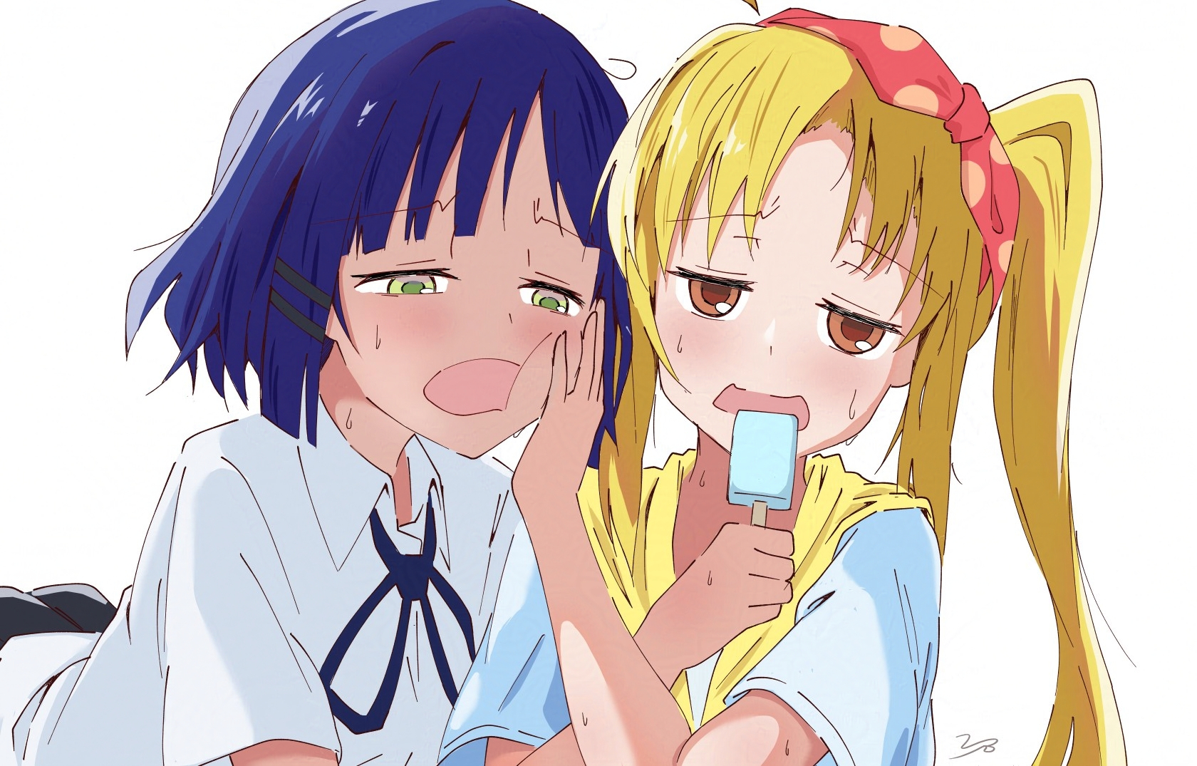 vbpicture, ijichi nijika, yamada ryo, bocchi the rock!, commentary, highres, 2girls, annoyed, blonde hair, blue hair, bow, food, green eyes, hair bow, hair ornament, hairclip, hand on another's cheek, hand on another's face, holding, holding food, holding popsicle, long hair, looking at viewer, multiple girls, open mouth, orange eyes, parallel hairclips, popsicle, pushing away, red bow, shirt, short hair, short sleeves, side ponytail, signature, simple background, sweat, upper body, white background, white shirt, yuri