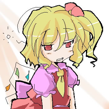 narakashiwa, flandre scarlet, touhou, lowres, 1girl, ascot, blonde hair, blush, female focus, hair between eyes, hair ribbon, looking at viewer, oekaki, puffy short sleeves, puffy sleeves, red eyes, red ribbon, red skirt, ribbon, short sleeves, side ponytail, simple background, skirt, skirt set, solo, teeth, upper body, vest, wings