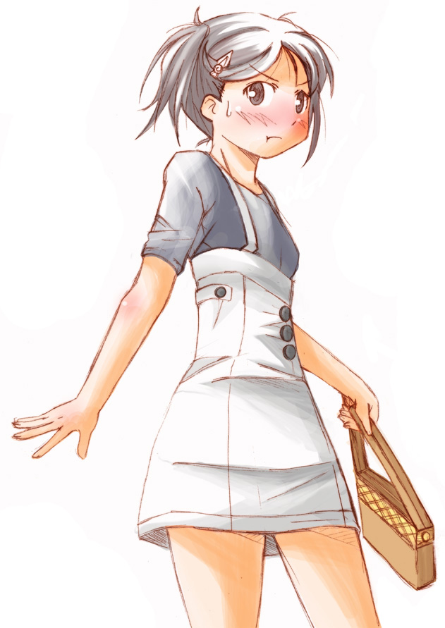 nyazui, kuryuu megumi, kimi kiss, silver hair, 1girl, bag, blush, dress, female focus, grey eyes, hair ornament, hairclip, handbag, short hair, short twintails, solo, twintails