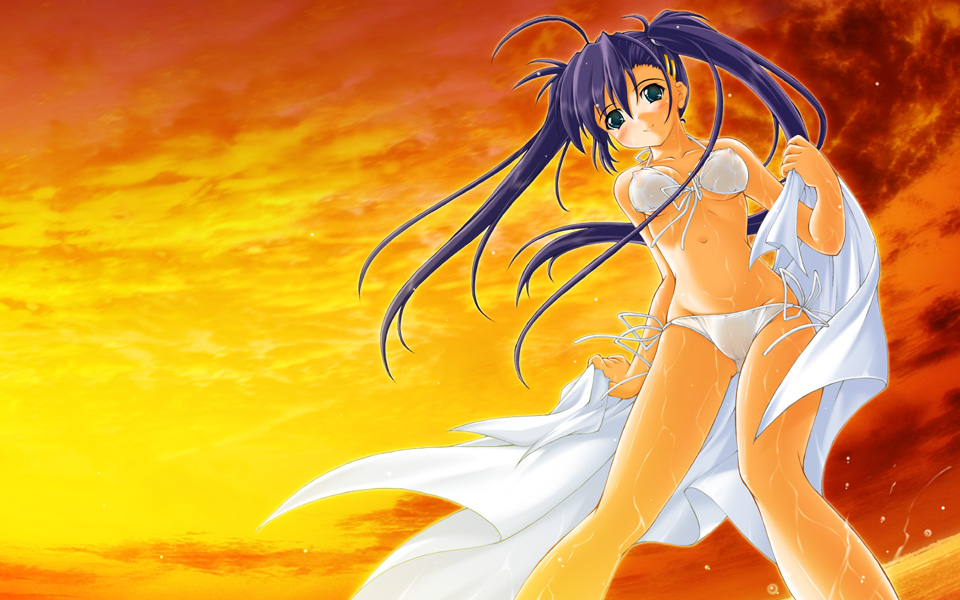 akimoto dai, original, 1girl, bikini, blue eyes, breasts, covered erect nipples, female focus, long hair, purple hair, see-through clothes, side-tie bikini bottom, small breasts, solo, sunset, swimsuit, twintails, wet