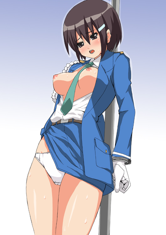 date (senpen), zenigata mawari, seto no hanayome, 00s, 1girl, bdsm, bondage, bound, breasts, brown hair, cuffs, female focus, gloves, hair ornament, hairclip, handcuffs, medium breasts, miniskirt, necktie, nipples, open clothes, open shirt, panties, pantyshot, police, police uniform, policewoman, shirt, short hair, skirt, solo, sweat, underwear, upskirt