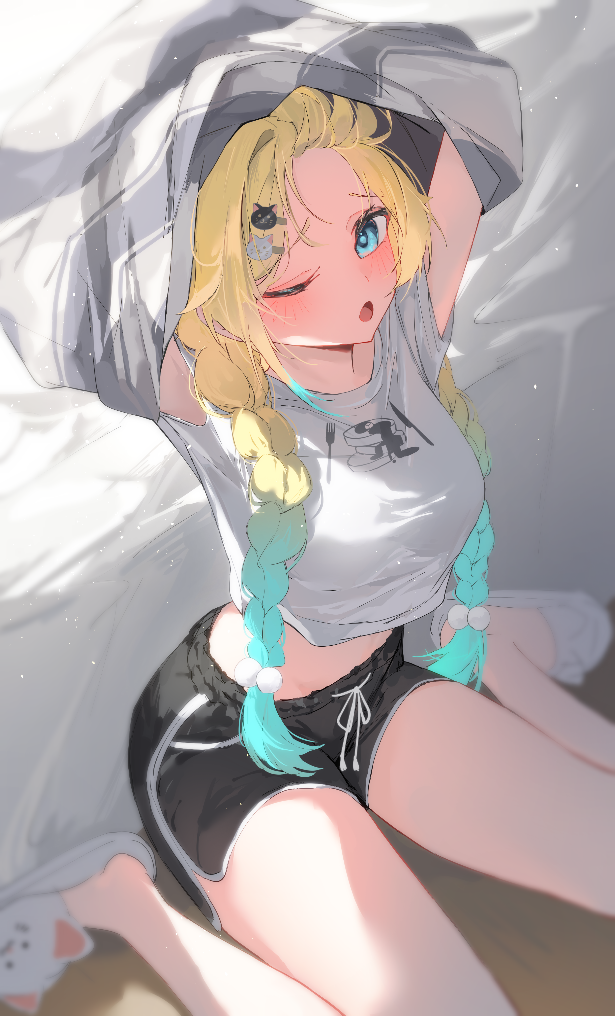 chisei259, aizawa ema, vspo!, absurdres, commentary request, highres, 1girl, arms up, black shorts, blonde hair, blue eyes, blush, braid, breasts, cat hair ornament, dolphin shorts, gradient hair, hair ornament, hairclip, long hair, looking at viewer, midriff, multicolored hair, one eye closed, open mouth, shirt, short shorts, shorts, sitting, slippers, solo, thighs, twin braids, undressing, virtual youtuber, wariza, white shirt
