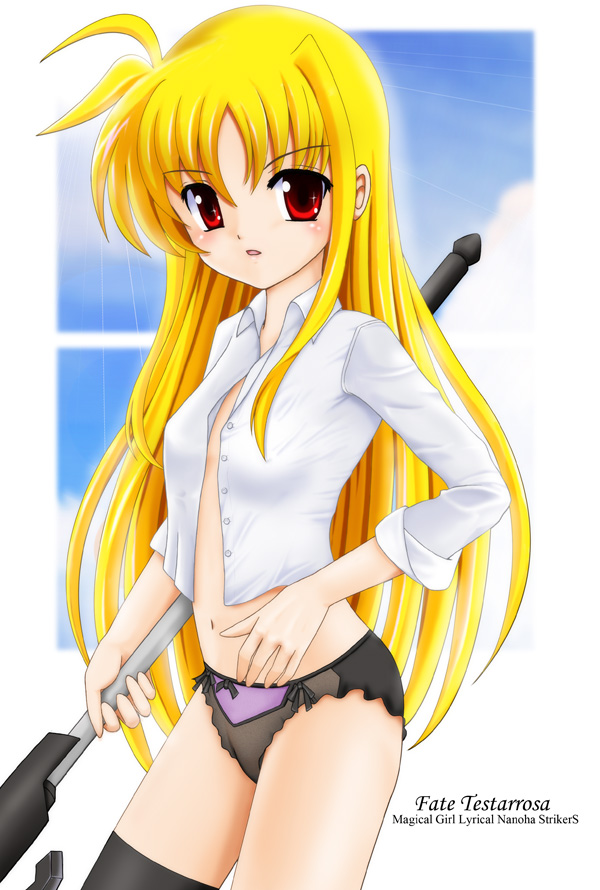 flipper, bardiche (assault form) (nanoha), bardiche (nanoha), fate testarossa, lyrical nanoha, mahou shoujo lyrical nanoha, mahou shoujo lyrical nanoha strikers, 00s, blonde hair, blush, long hair, open clothes, open shirt, panties, red eyes, shirt, solo, thighhighs, underwear, very long hair