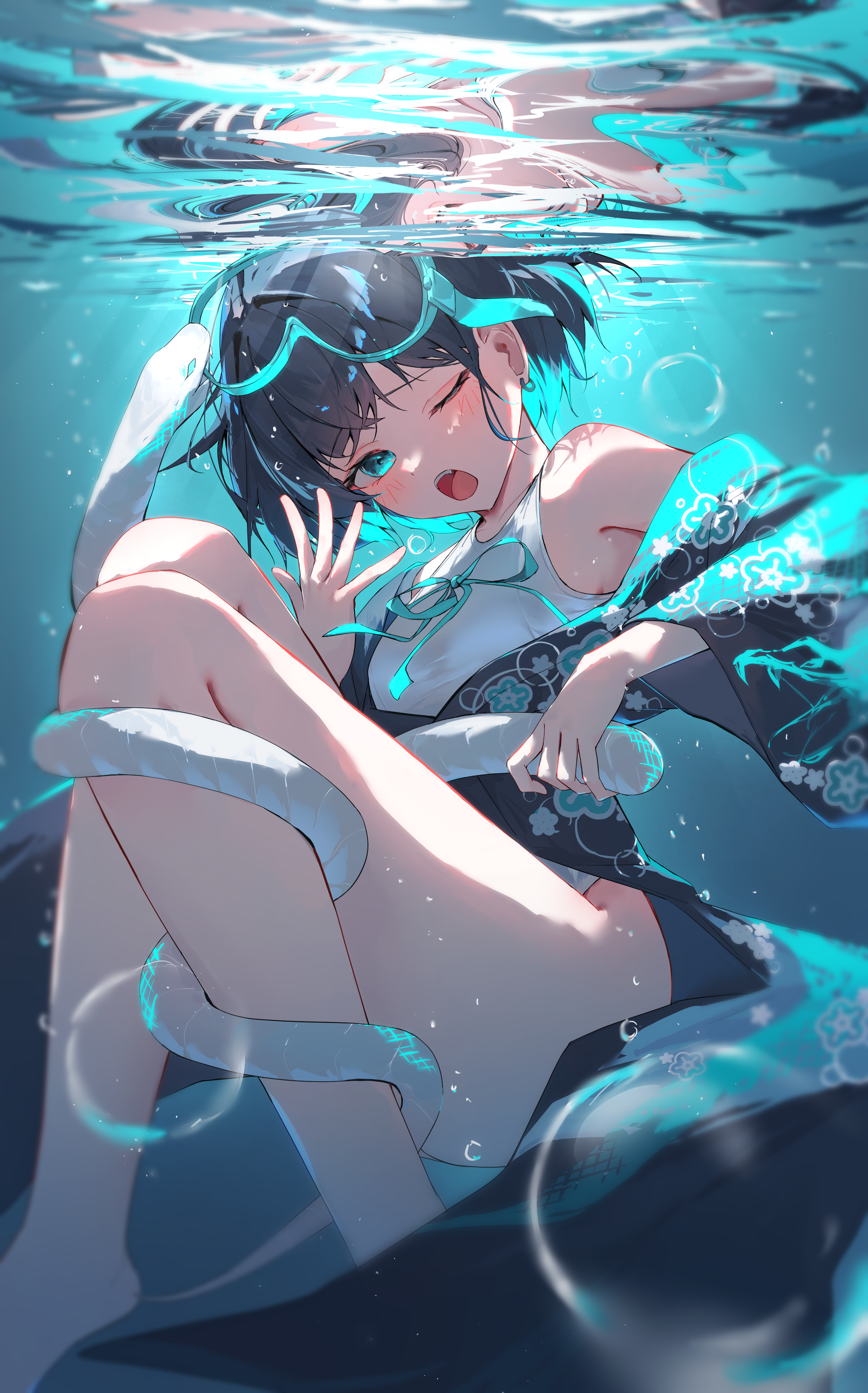 chisei259, original, absurdres, highres, 1girl, ;o, air bubble, aqua eyes, aqua hair, aqua ribbon, black hair, black kimono, blush, bubble, earrings, goggles, japanese clothes, jewelry, kimono, looking at viewer, multicolored hair, one-piece swimsuit, one eye closed, open mouth, ribbon, short hair, snake, solo, swimsuit, underwater, white one-piece swimsuit, white snake, yawning