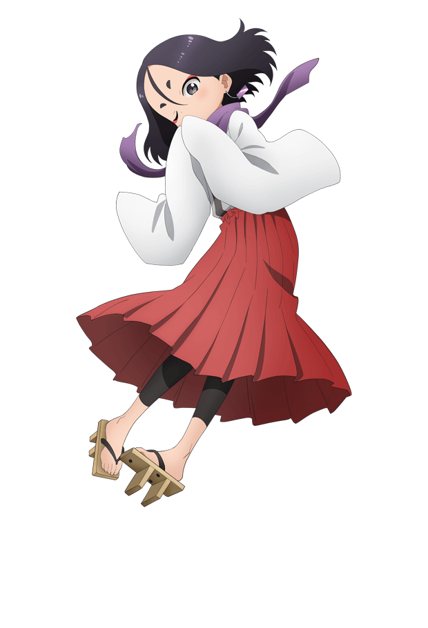 okuda yousuke, fuki (kunoichi tsubaki no mune no uchi), kunoichi tsubaki no mune no uchi, official art, 1girl, anime coloring, blush, covering own mouth, earrings, eyeliner, full body, geta, grey eyes, hair between eyes, hakama, hakama skirt, japanese clothes, jewelry, kimono, long skirt, long sleeves, looking at viewer, makeup, ninja, one eye closed, parted bangs, pleated skirt, purple scarf, red eyeliner, red hakama, scarf, short eyebrows, short hair, simple background, skirt, solo, standing, tachi-e, thick eyebrows, transparent background, white kimono, wide sleeves