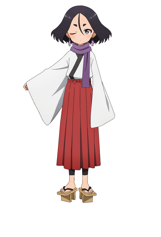 okuda yousuke, fuki (kunoichi tsubaki no mune no uchi), kunoichi tsubaki no mune no uchi, official art, 1girl, anime coloring, earrings, eyeliner, full body, geta, grey eyes, hair between eyes, hakama, hakama skirt, japanese clothes, jewelry, kimono, long skirt, long sleeves, looking at viewer, makeup, ninja, outstretched arm, parted bangs, pleated skirt, purple scarf, red eyeliner, red hakama, scarf, short eyebrows, short hair, simple background, skirt, solo, standing, tachi-e, thick eyebrows, transparent background, white kimono, wide sleeves
