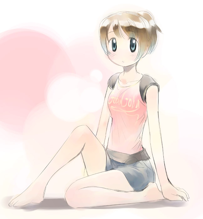 ikeda jun (mizutamari), original, 1girl, barefoot, blue eyes, brown hair, feet, female focus, miniskirt, ponytail, raglan sleeves, short hair, sitting, skirt, solo, toes