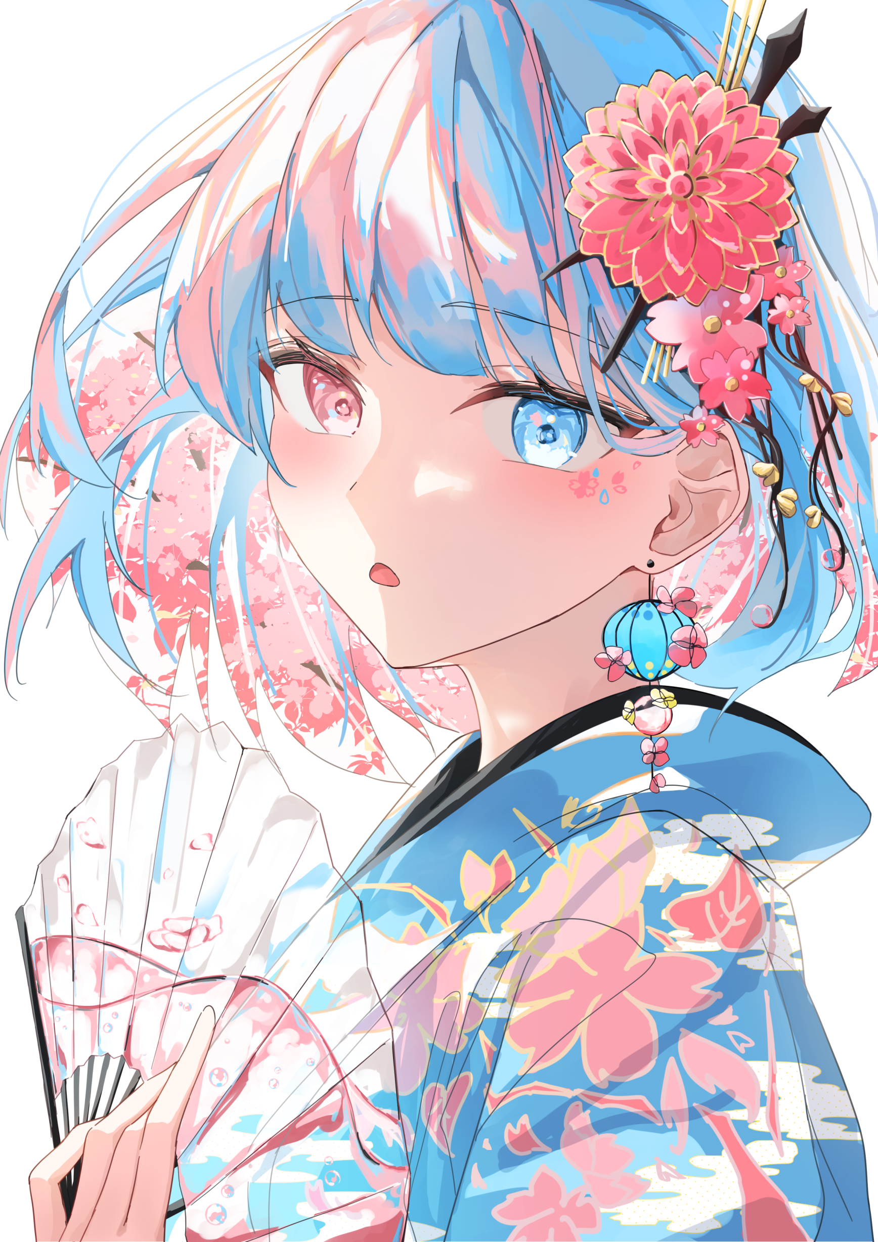 chisei259, tatara kogasa, original, absurdres, highres, 1girl, alternate costume, blue eyes, blue hair, blue kimono, blush, cherry blossoms, earrings, floral print, flower, folding fan, hair flower, hair ornament, hand fan, heterochromia, holding, holding fan, japanese clothes, jewelry, kimono, looking at viewer, open mouth, paper fan, pink eyes, red eyes, red flower, short hair, simple background, solo, spring (season), upper body, white background