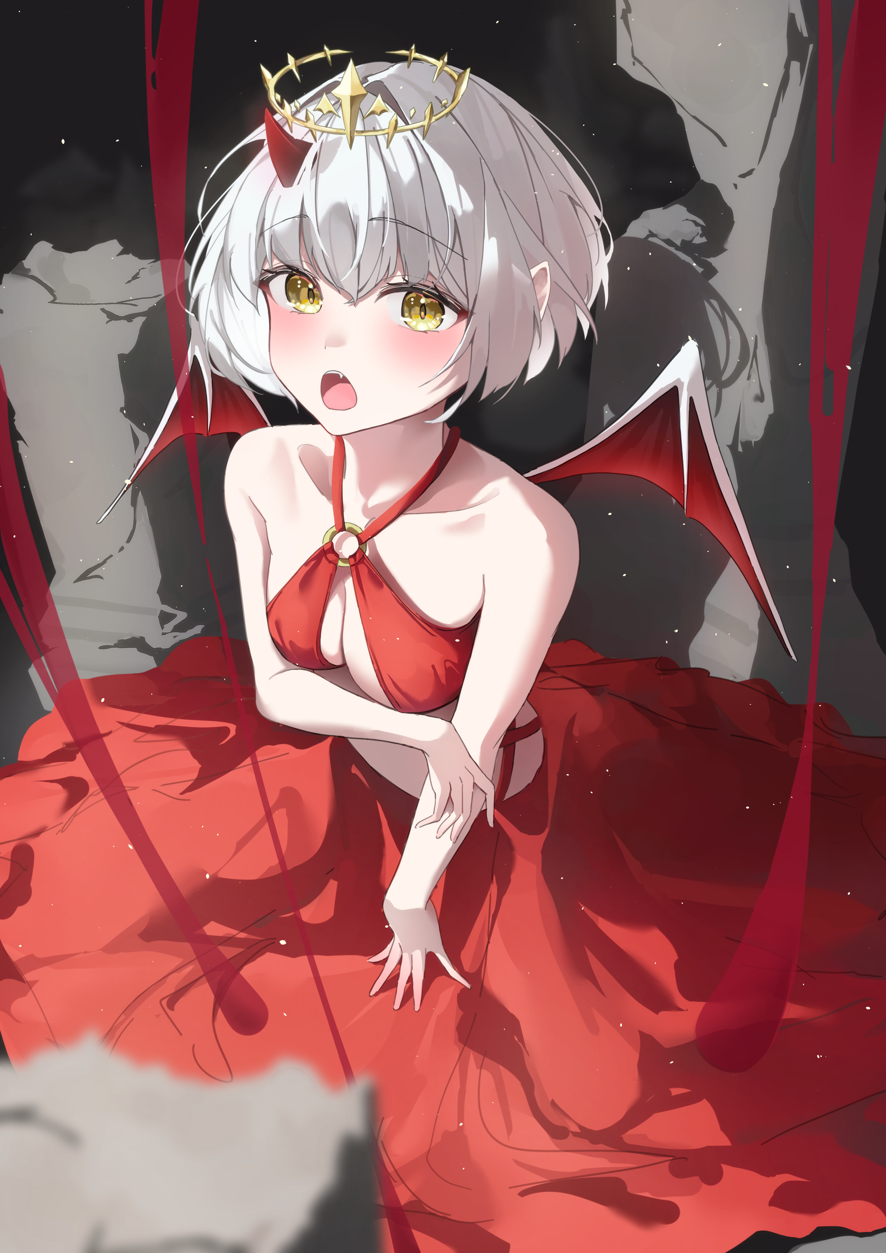 chisei259, original, absurdres, highres, 1girl, bare shoulders, blush, breasts, cleavage, collarbone, demon horns, demon wings, dress, fangs, horns, looking at viewer, o-ring, o-ring top, open mouth, pointy ears, princess, red dress, short hair, solo, white hair, wings, yellow eyes