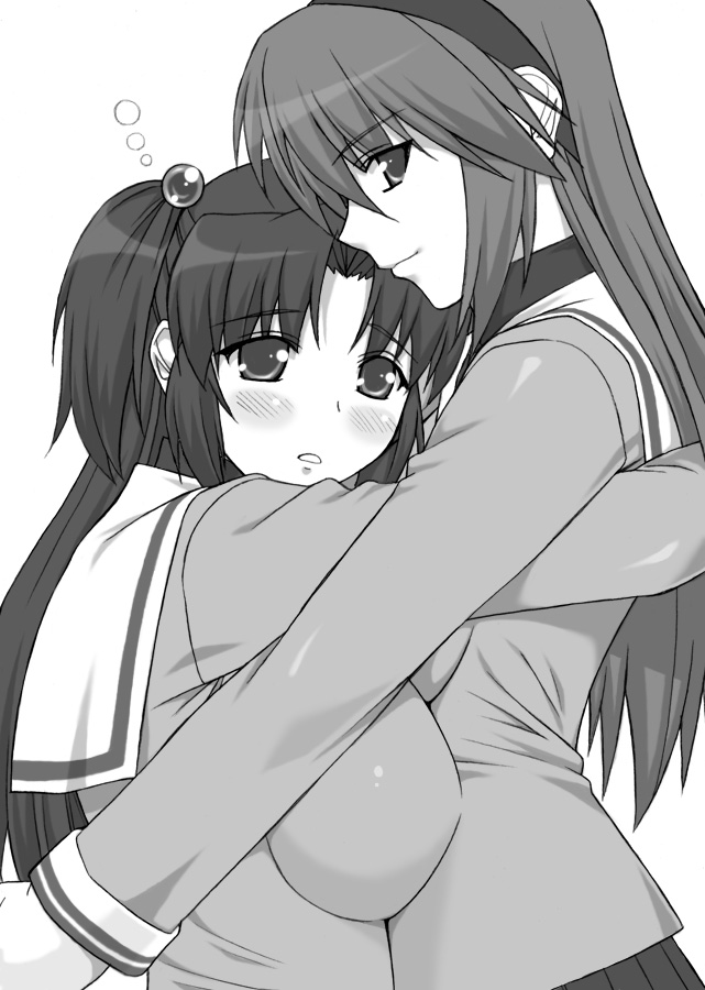 shichimenchou, ichinose kotomi, sakagami tomoyo, clannad, 00s, 2girls, breasts, greyscale, hug, large breasts, long hair, monochrome, multiple girls, school uniform