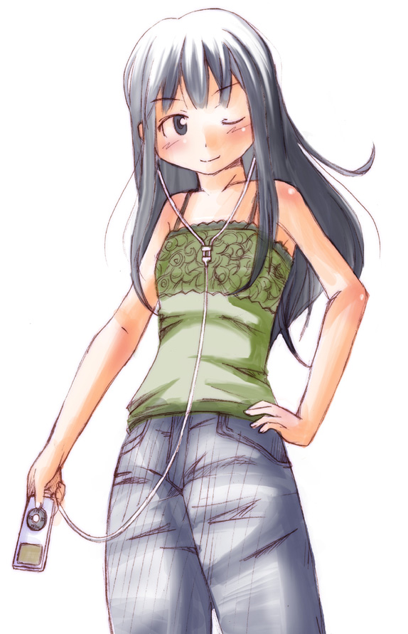 nyazui, futami eriko, kimi kiss, blush, camisole, denim, digital media player, flat chest, ipod, ipod nano, ipod nano 1g, jeans, long hair, one eye closed, pants, smile, solo, wink