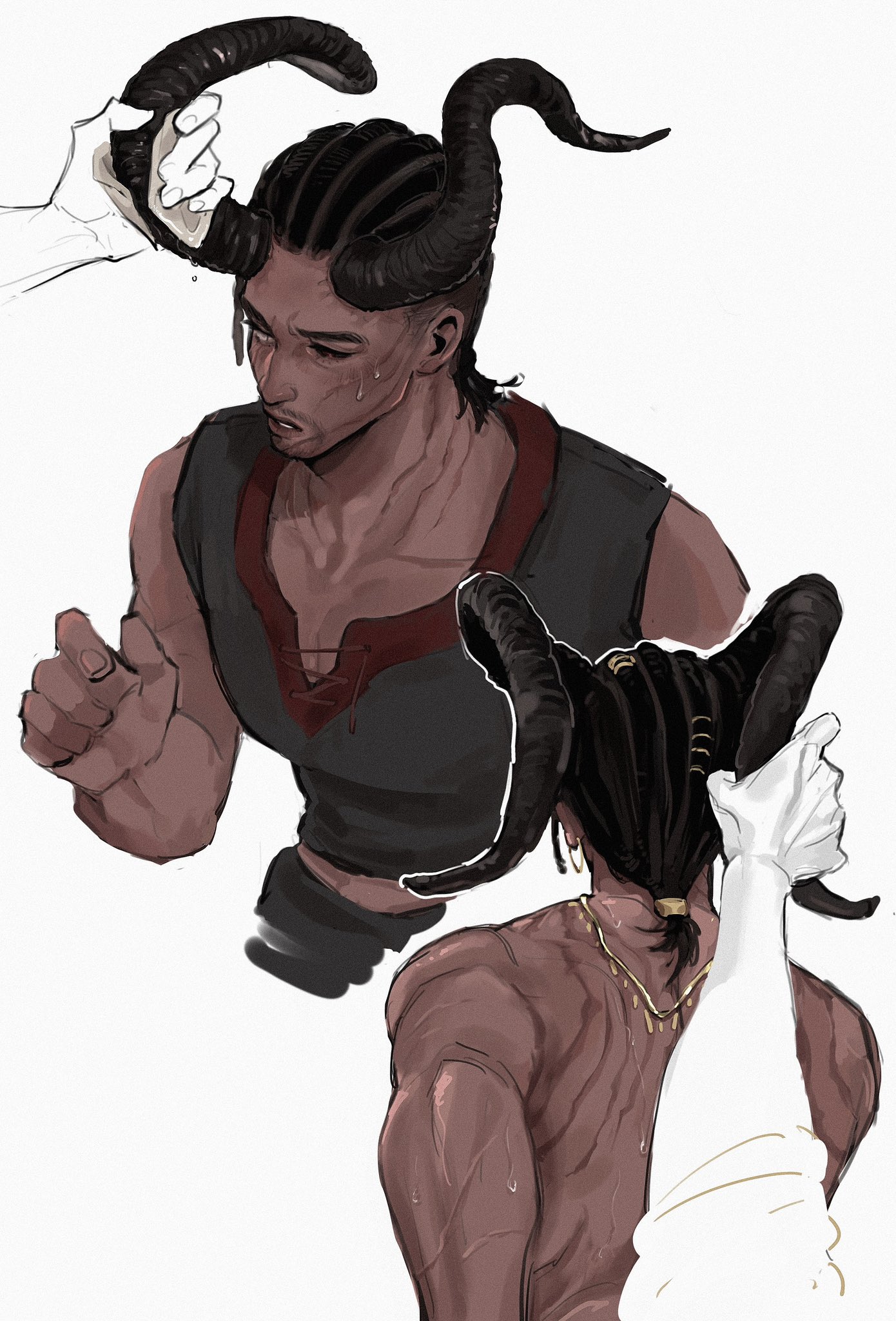 vamos mk, baldur's gate, baldur's gate 3, dungeons & dragons, dungeons & dragons, character request, highres, 1boy, black hair, collarbone, cornrows, curled horns, dark-skinned male, dark skin, hair rings, horn grab, horns, long horns, multiple views, muscular, muscular male, one eye closed, ponytail, short ponytail, simple background, sweat, topless male, upper body, white background
