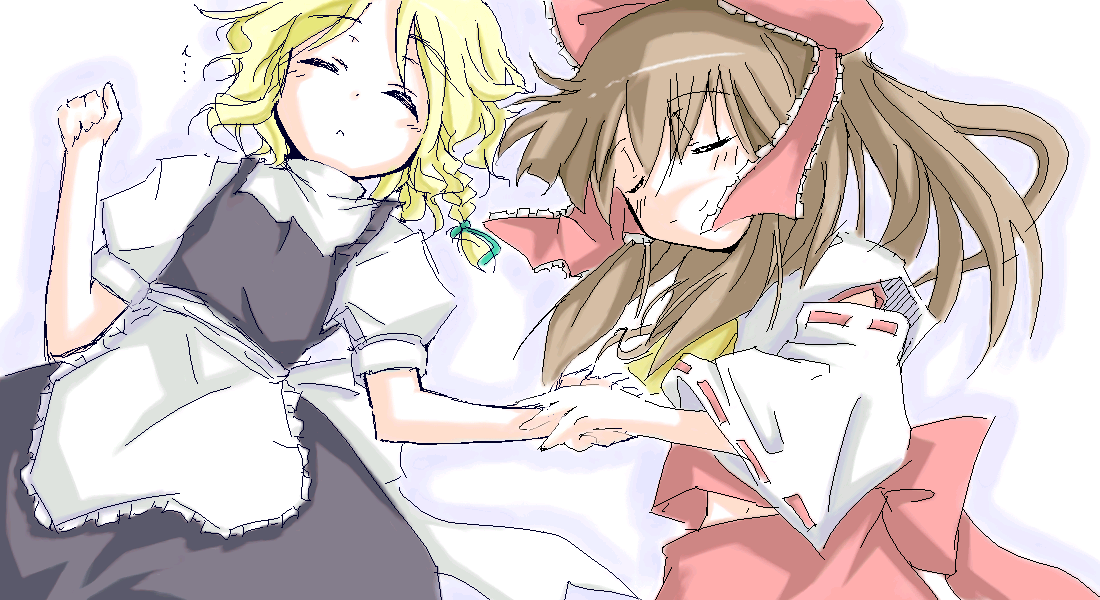 take tonbo, hakurei reimu, kirisame marisa, touhou, 2girls, closed eyes, dress, female focus, multiple girls, navel, skirt, sleeping