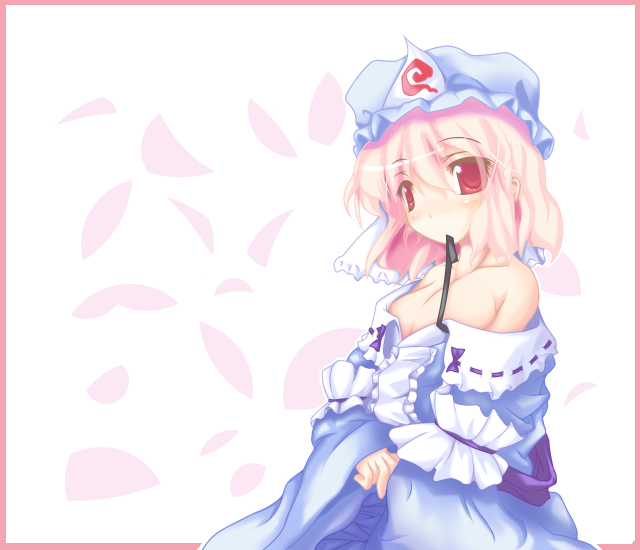 take tonbo, saigyouji yuyuko, touhou, 1girl, bare shoulders, breasts, cleavage, female focus, hat, medium breasts, mob cap, mouth hold, off shoulder, pink eyes, pink hair, solo, triangular headpiece