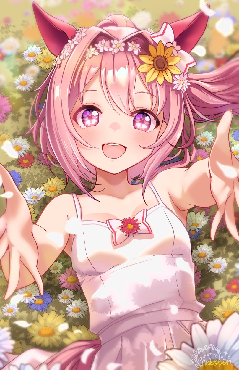 nekoponart, haru urara (umamusume), umamusume, highres, 1girl, alternate costume, animal ears, bare shoulders, blush, bow, dress, ear bow, ear covers, flower, flower-shaped pupils, flower in eye, grass, hair flower, hair ornament, horse ears, horse girl, horse tail, long hair, looking at viewer, lying, on back, open mouth, outdoors, outstretched arms, pink dress, pink eyes, pink hair, ponytail, purple eyes, sleeveless, sleeveless dress, smile, solo, sunflower, symbol-shaped pupils, symbol in eye, tail, teeth, upper teeth only