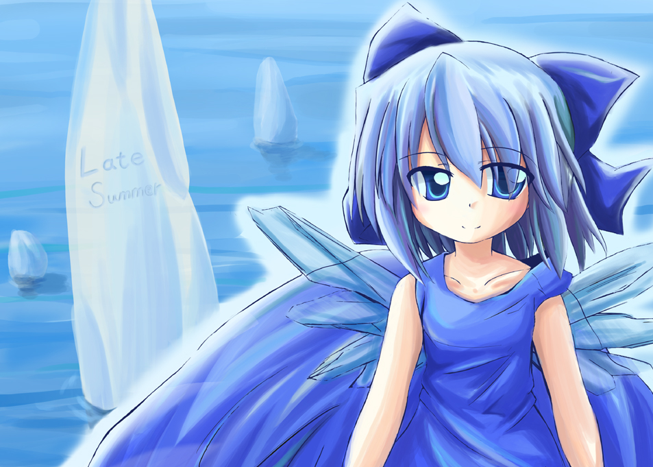 makino (ukiuo), cirno, touhou, 1girl, alternate costume, blue dress, blue eyes, blue hair, bow, collarbone, dress, english text, female focus, hair bow, ice, ice wings, looking at viewer, matching hair/eyes, short hair, sleeveless, sleeveless dress, solo, water, wings