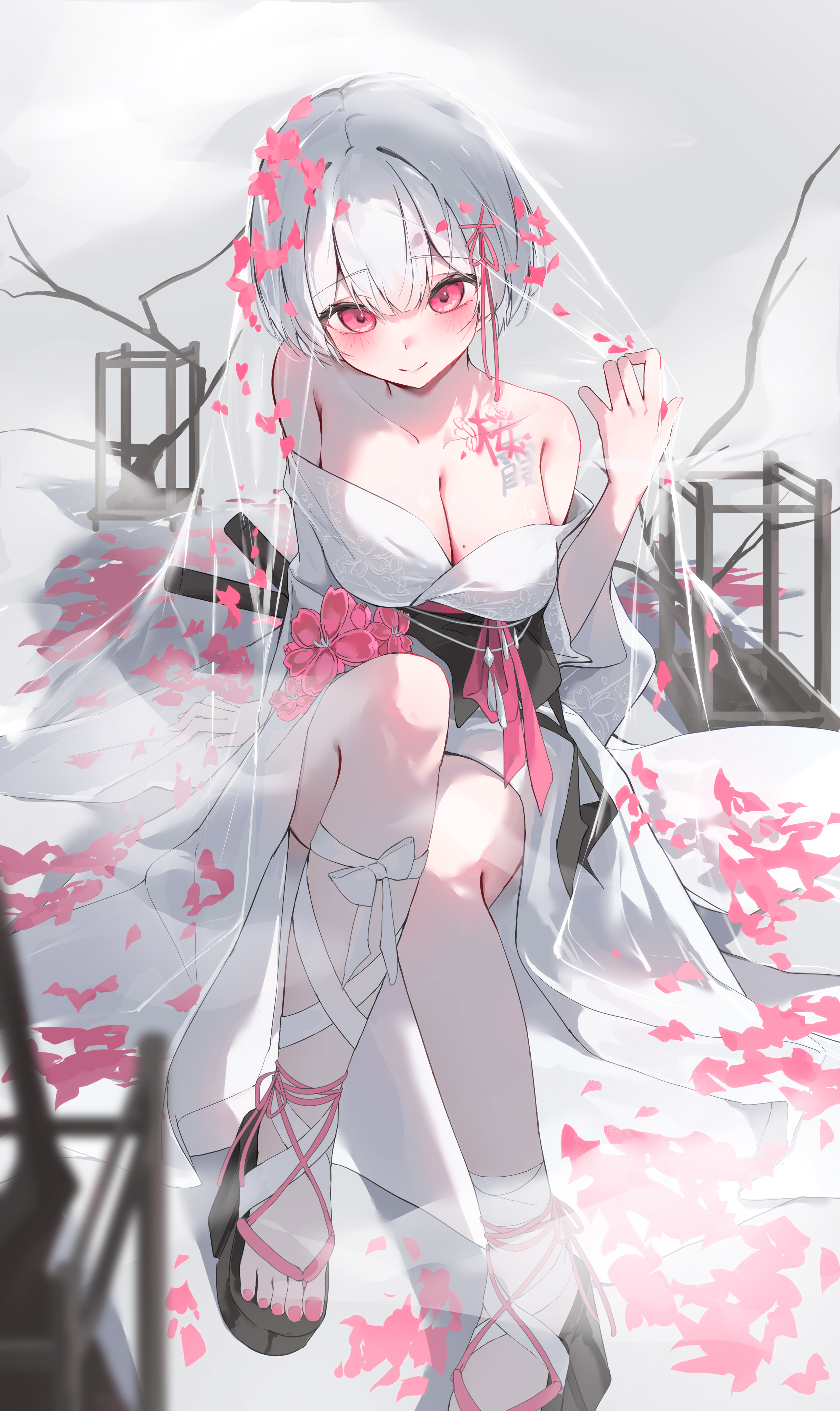 chisei259, original, absurdres, highres, 1girl, bare shoulders, blush, breasts, cleavage, closed mouth, collarbone, flower, grey hair, japanese clothes, kimono, large breasts, leg ribbon, looking at viewer, off shoulder, petals, pink eyes, red eyes, ribbon, sash, short hair, sitting, smile, solo, tattoo, veil, white hair, white kimono