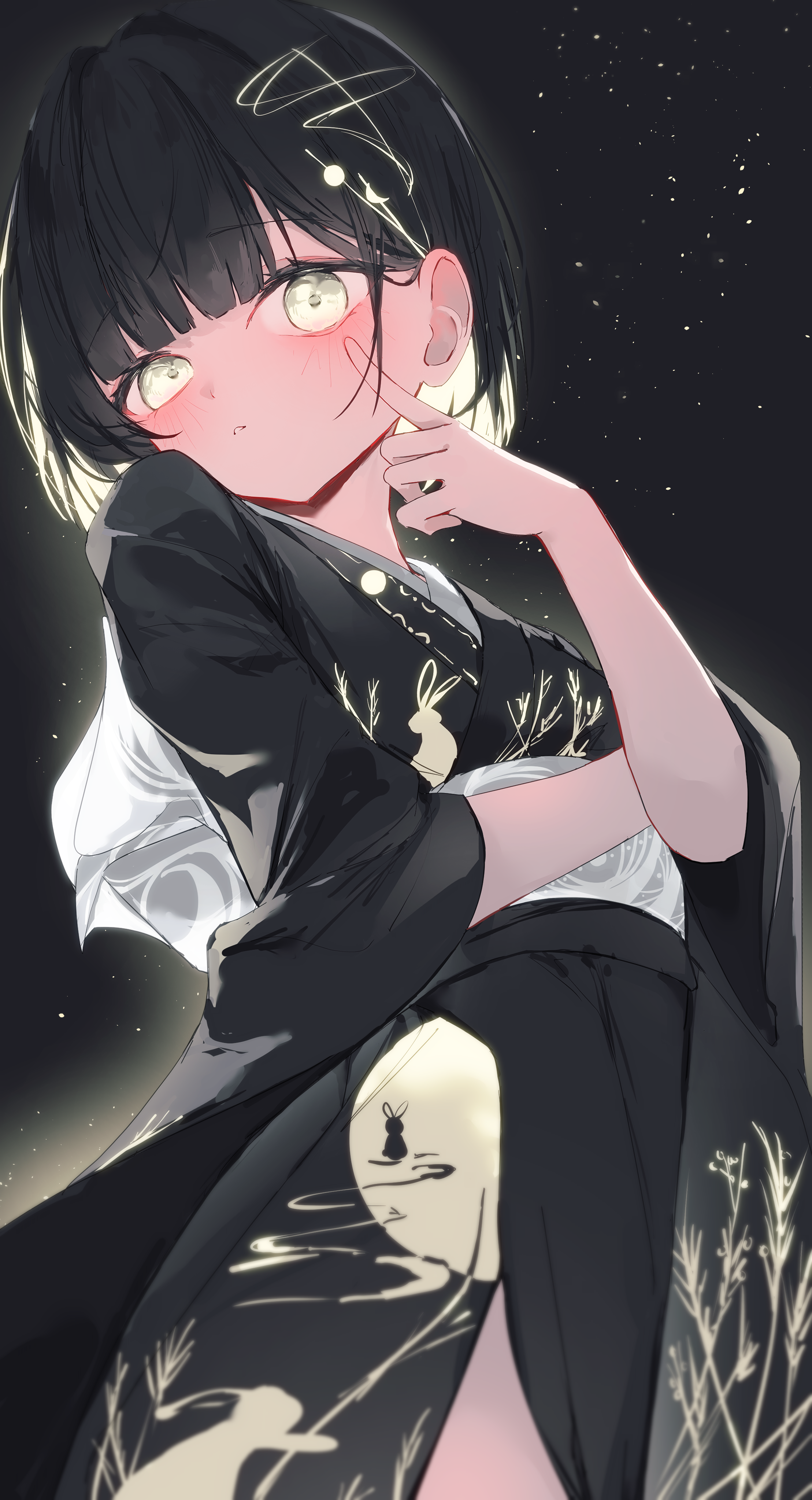 chisei259, original, absurdres, highres, 1girl, black background, black hair, black kimono, blush, chinese zodiac, eyelid pull, finger to cheek, hand up, japanese clothes, kimono, long sleeves, looking at viewer, moon, obi, parted lips, print kimono, sash, short hair, solo, star (sky), upper body, white sash, wide sleeves, yellow eyes