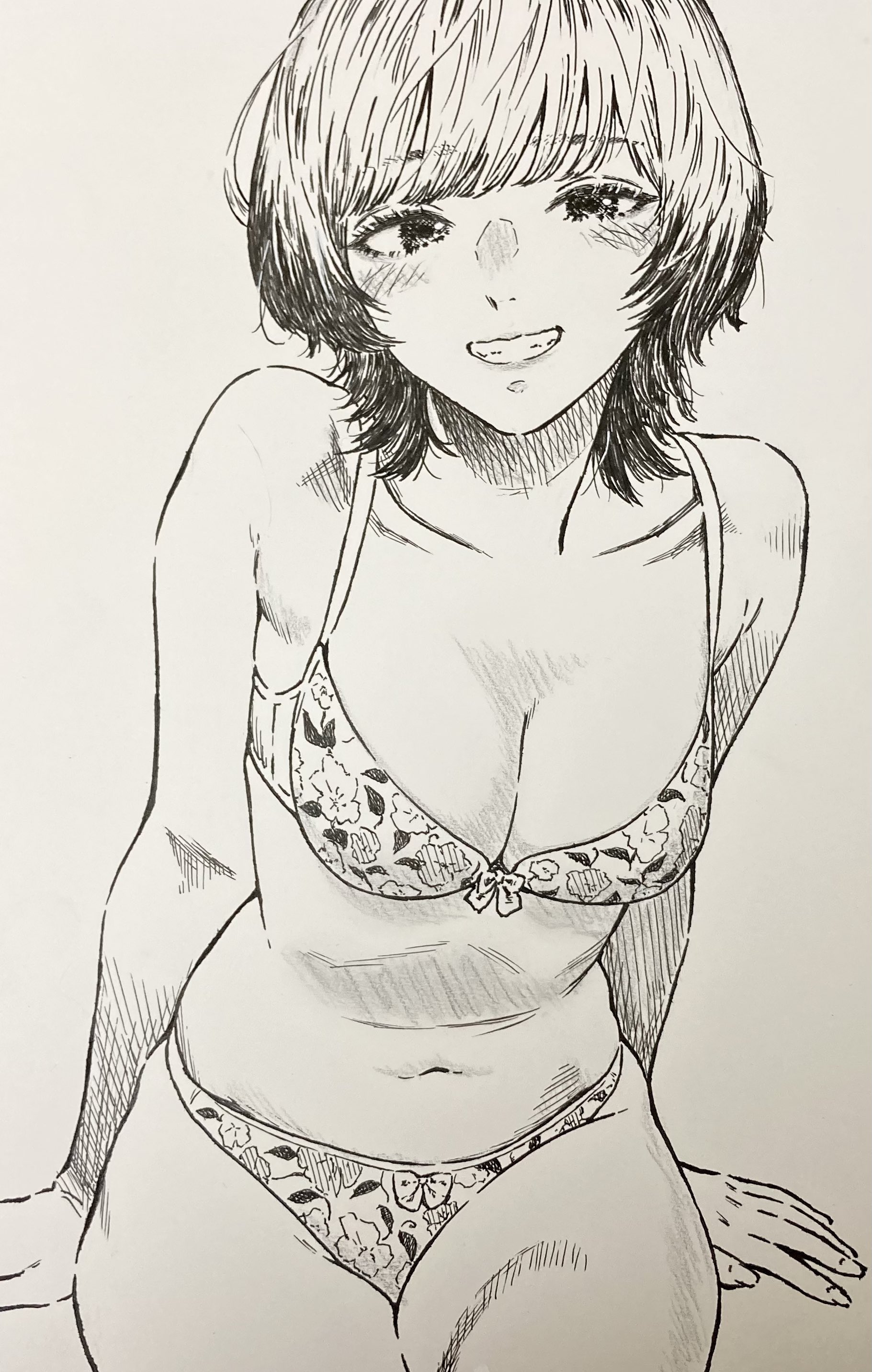 makki (tobaccos), original, absurdres, highres, traditional media, 1girl, bikini, bow, breasts, cleavage, collarbone, floral print, floral print bikini, grin, hatching (texture), looking at viewer, medium breasts, medium hair, monochrome, navel, sitting, smile, solo, stomach, swimsuit