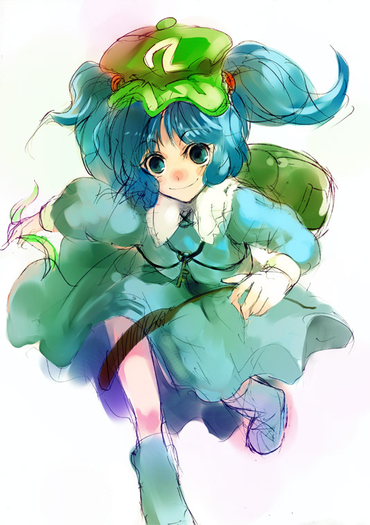 nokishita, kawashiro nitori, touhou, non-web source, 1girl, backpack, bag, blue eyes, blue hair, boots, cucumber, female focus, hair bobbles, hair ornament, hat, key, matching hair/eyes, short hair, short twintails, simple background, sketch, smile, solo, twintails, two side up