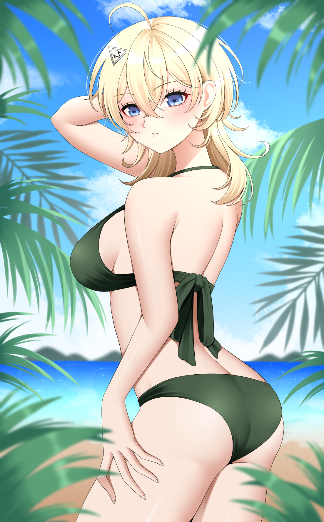 yomogi dango, tuscaloosa (kancolle), kantai collection, highres, 1girl, ahoge, beach, bikini, blonde hair, blue eyes, blue sky, blush, breasts, cloud, cowboy shot, day, green bikini, hair between eyes, hair ornament, hairclip, hand on own head, hand on own thigh, large breasts, looking at viewer, looking to the side, medium hair, mountainous horizon, ocean, outdoors, sky, solo, swimsuit