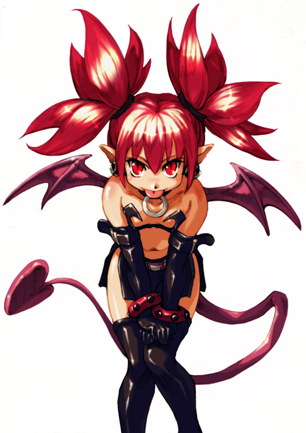 hisahiko, etna (disgaea), disgaea, makai senki disgaea, hands on thighs, 00s, 1girl, :p, bandeau, bare shoulders, bat wings, belt, black thighhighs, blush, bracelet, collar, demon girl, demon tail, earrings, elbow gloves, female focus, flat chest, gloves, hair between eyes, jewelry, leaning forward, looking at viewer, miniskirt, naughty face, navel, no bra, pointy ears, red eyes, red hair, short twintails, side slit, simple background, skirt, slit pupils, solo, standing, strap, studded bracelet, tail, thighhighs, tongue, tongue out, twintails, v arms, white background, wings