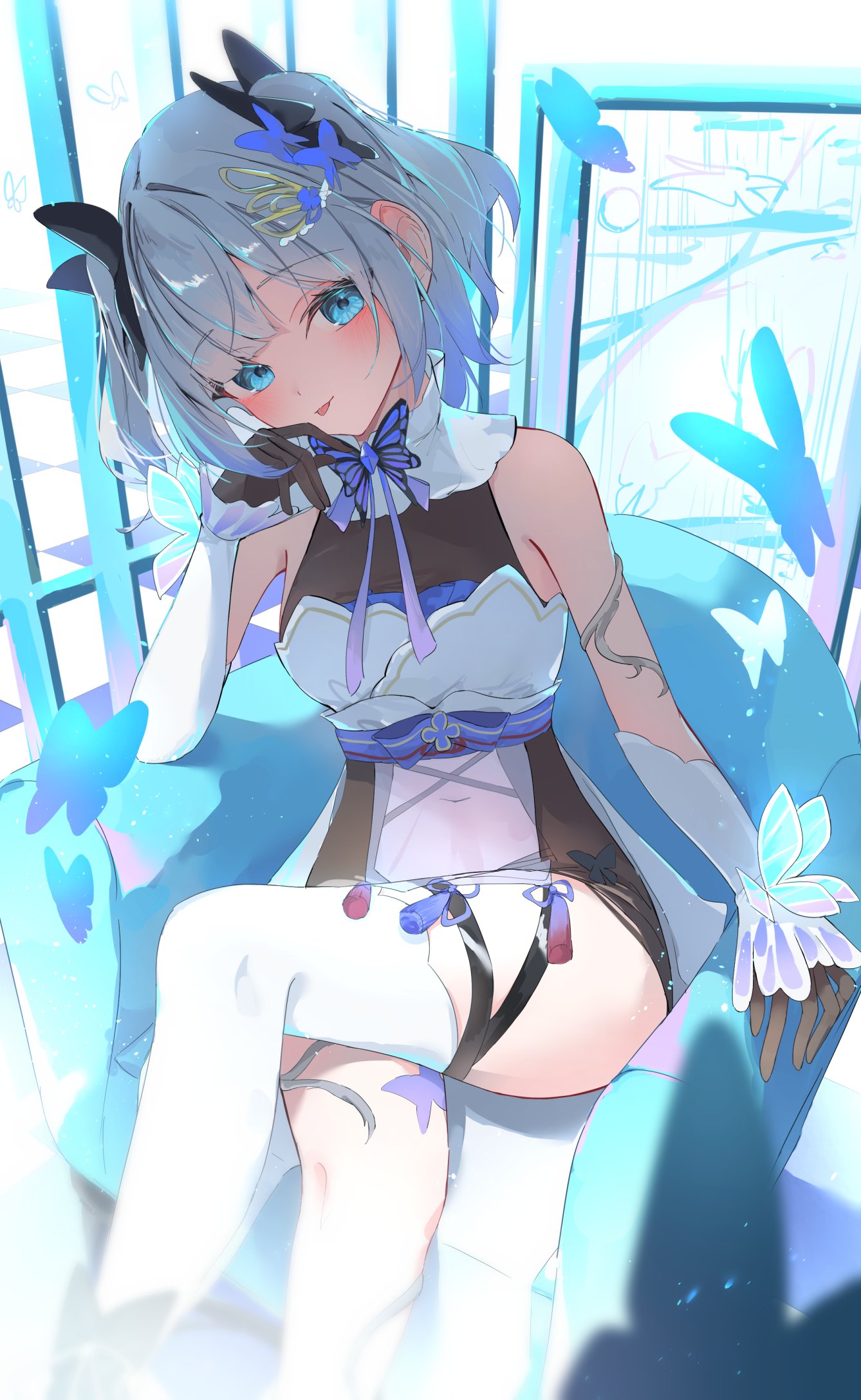 chisei259, kaga sumire, vspo!, highres, 1girl, :p, armchair, bare shoulders, black bow, black gloves, blue butterfly, blue eyes, blush, bow, breasts, bug, butterfly, chair, crossed legs, detached sleeves, dress, gloves, grey hair, hair bow, insect, looking at viewer, on chair, sitting, solo, thigh strap, thighhighs, tongue, tongue out, virtual youtuber, white dress, white thighhighs