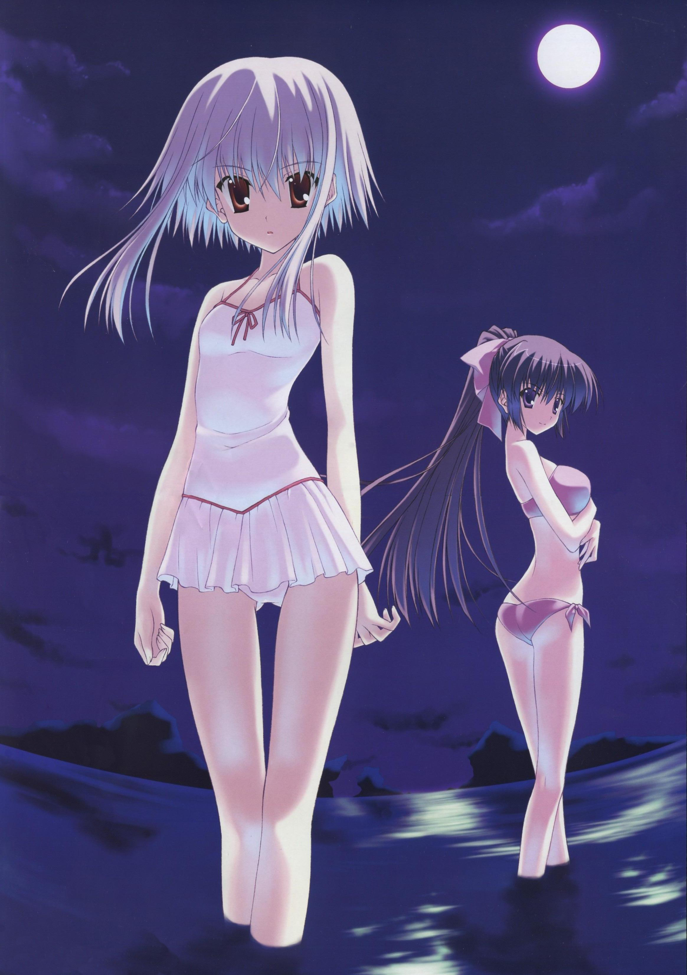nanao naru, morimiya aono, shihou matsuri, megami magazine, sola, absurdres, highres, scan, 00s, bikini, bikini skirt, full moon, looking back, moon, night, night sky, one-piece swimsuit, pink bikini, ponytail, short hair with long locks, side-tie bikini bottom, sky, smile, swimsuit, wading, white one-piece swimsuit