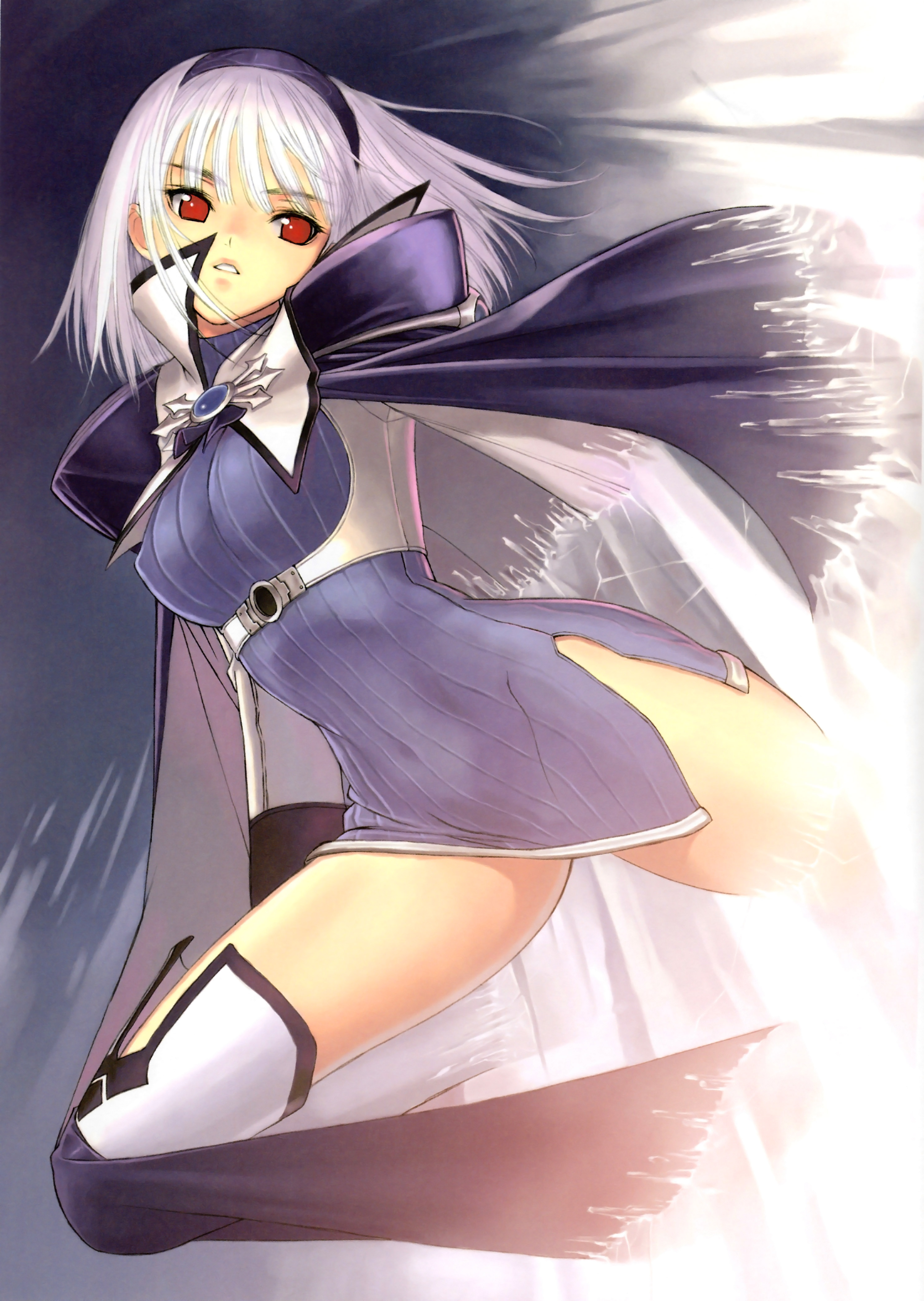 tony taka, blanc neige, sega, shining (series), shining tears, shining wind, absurdres, highres, 1girl, albino, armlet, blue background, blue gemstone, blue skirt, cape, dress, female focus, from side, gem, gradient background, hairband, head tilt, jewelry, leg lift, legs apart, popped collar, red eyes, short hair, skirt, solo, thighhighs, thighs, white hair, white thighhighs