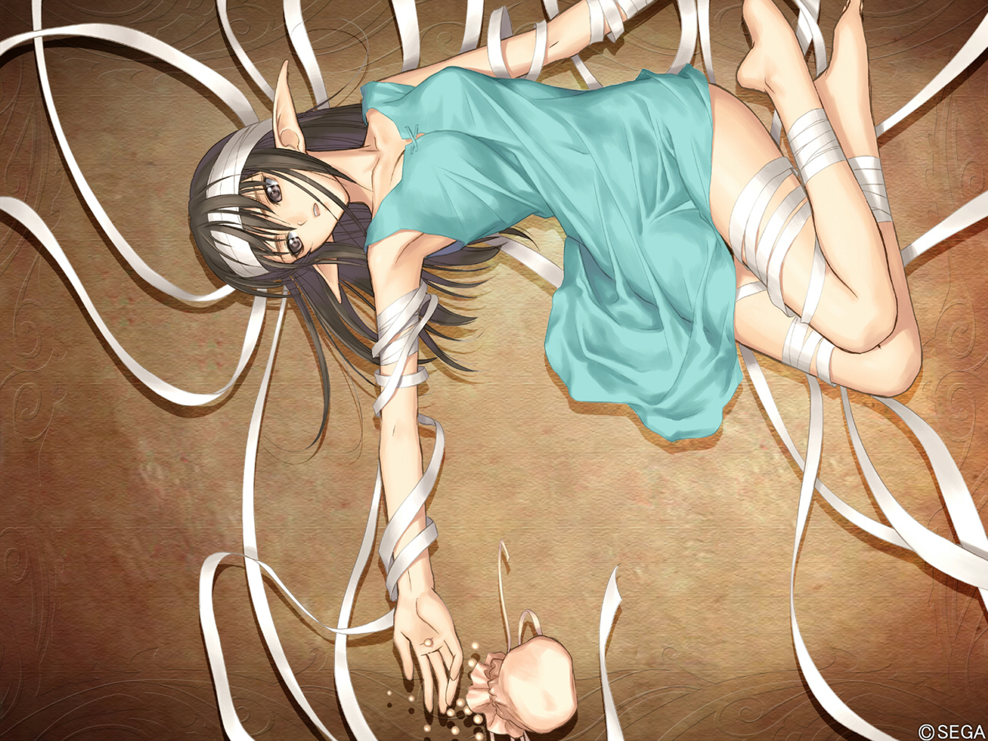 tony taka, xecty ein, sega, shining (series), shining wind, highres, 1girl, bandages, barefoot, breasts, brown eyes, brown hair, elf, feet, female focus, long hair, lying, pointy ears, solo