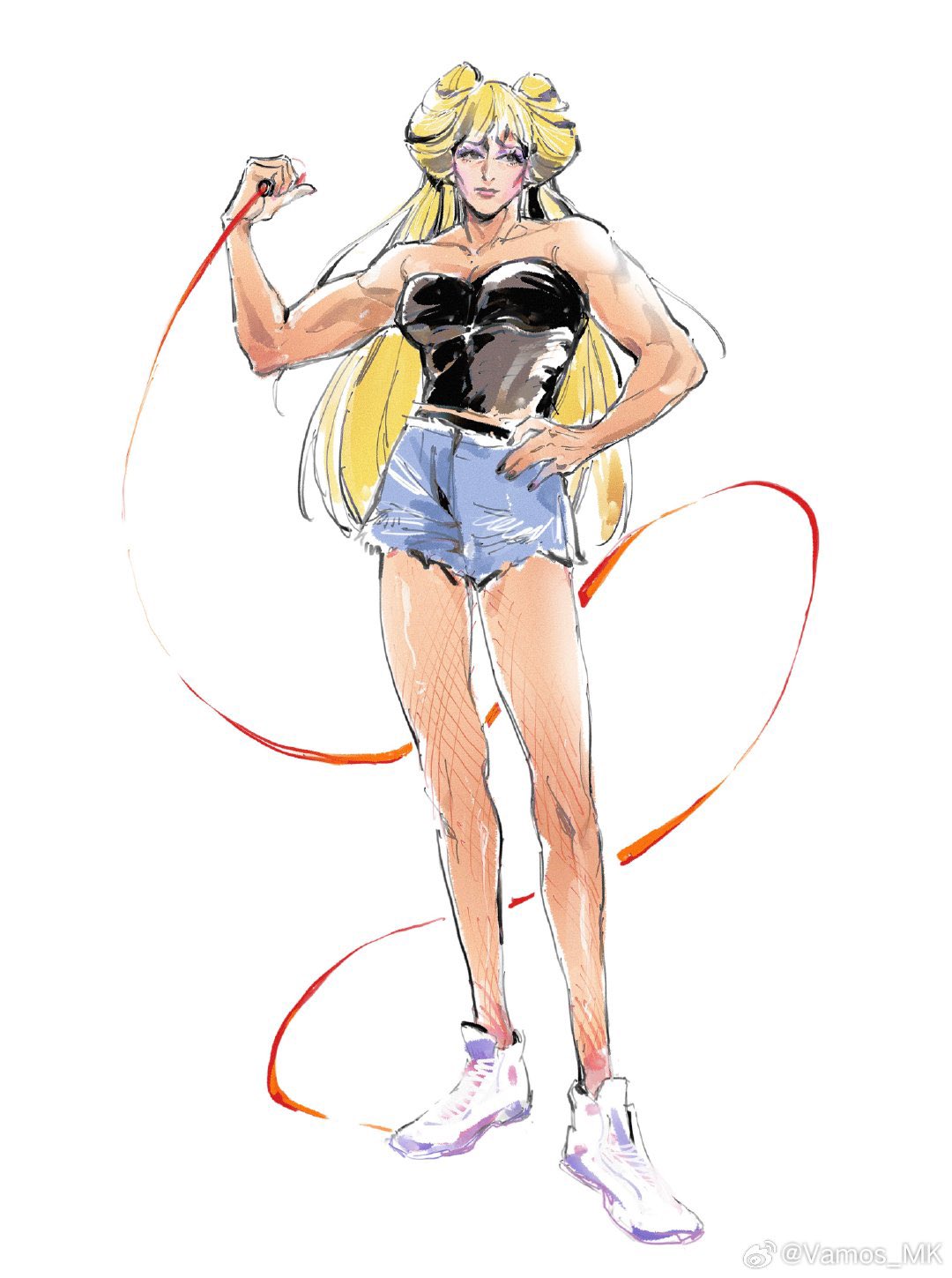 vamos mk, character request, highres, 1girl, blonde hair, collarbone, cutoffs, fishnet pantyhose, fishnets, full body, hand on own hip, long hair, pantyhose, shoes, short shorts, shorts, simple background, sneakers, standing, strapless, toned, toned female, very long hair, weibo username, white background, white shoes