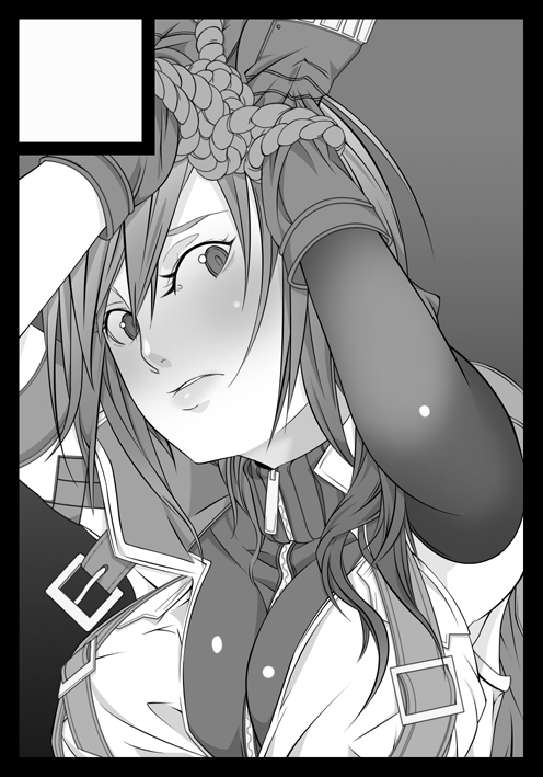 ghost-q, lightning farron, final fantasy, final fantasy xiii, 10s, 1girl, bdsm, belt, black border, bondage, border, bound, bound wrists, breasts, circle cut, elbow gloves, female focus, gloves, greyscale, huge breasts, monochrome, rope, solo, zipper