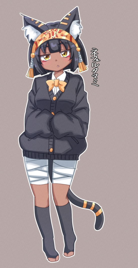 denmaru. (dedendenmaru), original, translation request, 1girl, ancient egyptian, animal ear fluff, animal ears, black hair, black jacket, black socks, bow, bowtie, cat ears, cat girl, cat tail, closed mouth, dark-skinned female, dark skin, full body, grey background, jacket, kneehighs, long sleeves, looking at viewer, petite, short hair, simple background, sleeves past fingers, sleeves past wrists, socks, solo, standing, tail, yellow bow, yellow bowtie, yellow eyes