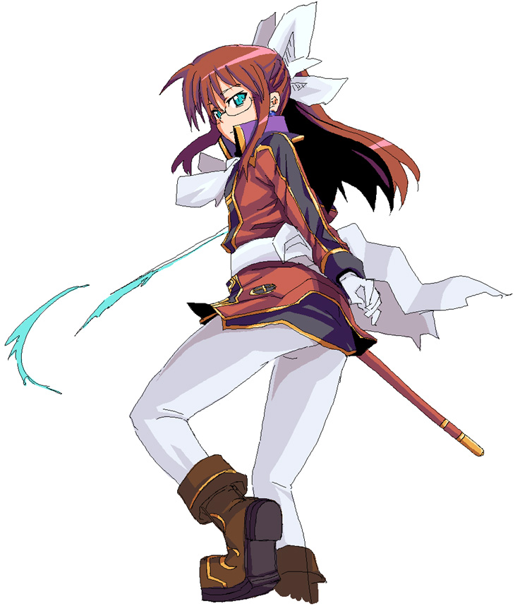 kurosho, karen (shinrabanshou), shinrabanshou, uniform, 1girl, aqua eyes, aqua hair, boots, bow, brown hair, earrings, female focus, glasses, gloves, hair bow, jewelry, katana, pantyhose, ponytail, solo, standing, sword, weapon, white pantyhose