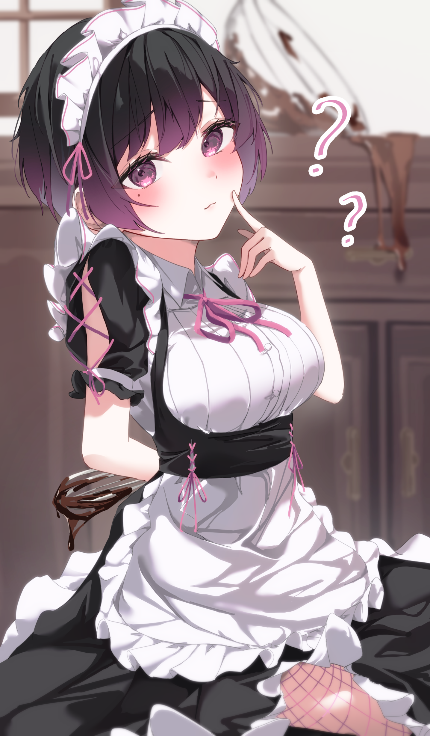 chisei259, original, absurdres, highres, 1girl, ?, apron, arm behind back, black dress, black hair, blurry, blurry background, blush, breasts, chocolate, closed mouth, dress, finger to mouth, frilled apron, frills, holding, indoors, large breasts, looking at viewer, maid, maid apron, mole, mole under eye, pink ribbon, puffy sleeves, purple eyes, purple hair, ribbon, short hair, short sleeves, solo, valentine, waist apron, white apron