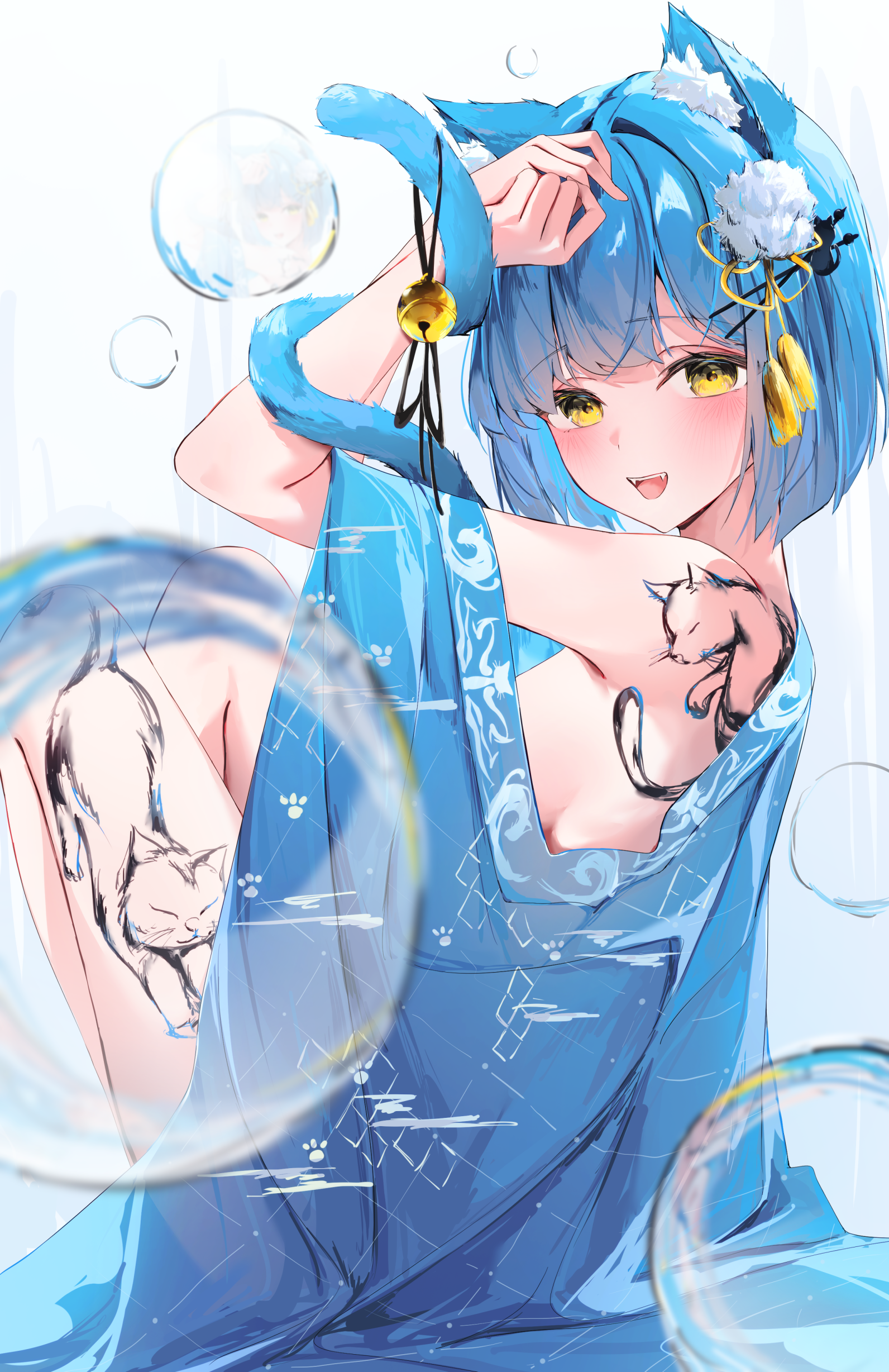chisei259, original, absurdres, highres, 1girl, animal ears, bell, blue hair, blush, bob cut, breasts, bubble, cat, cat ears, chinese zodiac, fangs, from side, hair ornament, japanese clothes, jingle bell, kimono, knees up, leg tattoo, looking at viewer, medium breasts, off shoulder, open mouth, short hair, sideboob, sitting, smile, solo, tail, tattoo, tiger, year of the tiger, yellow eyes