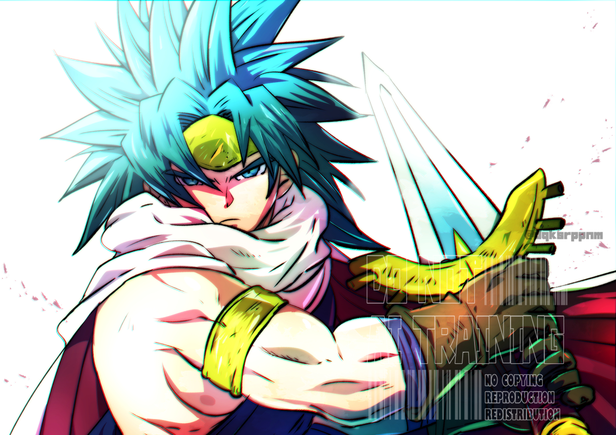 ozogori (user tzaz2447), dragon quest, dragon quest x, gold armlet, commentary request, 1boy, alvin (dq10), aqua eyes, aqua hair, armlet, blue tunic, brown gloves, cape, floating hair, forehead protector, gloves, holding, holding sword, holding weapon, jewelry, long hair, looking at viewer, muscular, muscular male, one-shoulder tunic, red cape, serious, solo, spiked hair, sword, tunic, two-sided cape, two-sided fabric, upper body, weapon, white background, white cape