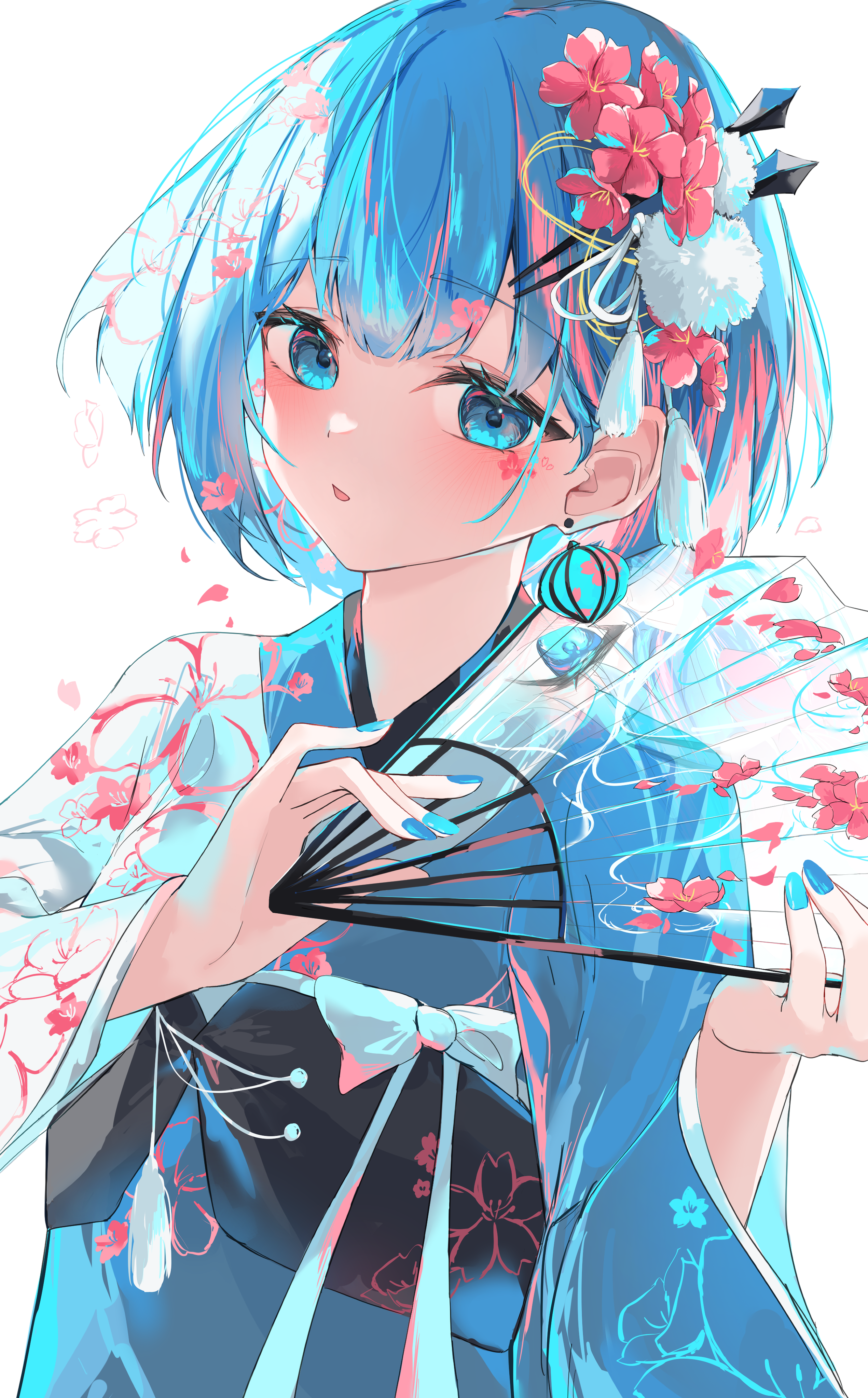 chisei259, original, absurdres, highres, 1girl, applying manicure, blue eyes, blue hair, blue kimono, blue nails, blue theme, blush, earrings, floral print, flower, folding fan, hair flower, hair ornament, hairclip, hand fan, holding, holding fan, japanese clothes, jewelry, kimono, long sleeves, looking at viewer, nail polish, obi, open mouth, petals, sash, short hair, simple background, solo, spring (season), upper body, white background, wide sleeves