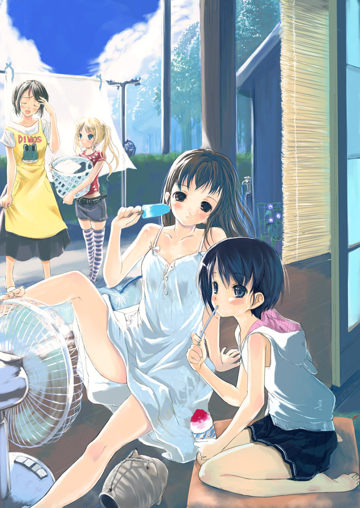 mikazukimo, original, striped legwear, 4girls, animal hood, apron, arm support, arm up, bare arms, barefoot, black eyes, black hair, blonde hair, blue eyes, blush, brown hair, clothes grab, clothes writing, clothesline, cloud, cushion, day, denim, denim skirt, dress, eating, electric fan, flower, food, holding, hood, hood down, hoodie, hose, laundry, laundry basket, leg up, long hair, looking at another, looking at viewer, miniskirt, morning glory, multiple girls, open mouth, outdoors, pleated skirt, popsicle, puddle, shaved ice, shirt, short hair, short sleeves, sigh, sitting, skirt, sky, sleeveless, sleeveless dress, sleeveless hoodie, spaghetti strap, standing, striped clothes, striped thighhighs, summer, sundress, t-shirt, thighhighs, tree, twintails, veranda, wariza, water, white dress, wooden floor, zabuton