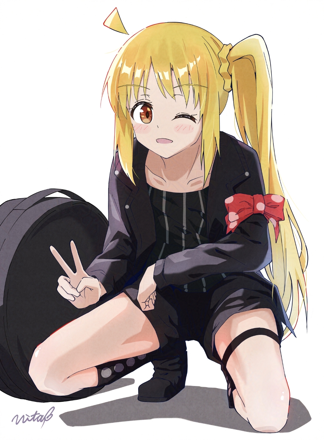 vbpicture, ijichi nijika, bocchi the rock!, commentary request, highres, 1girl, ahoge, alternate costume, arm bow, backpack, bag, black boots, black shirt, black shorts, blush, boots, bow, collarbone, detached ahoge, full body, long hair, long sleeves, looking at viewer, one eye closed, open mouth, red bow, shirt, shorts, side ponytail, signature, simple background, solo, squatting, thigh strap, v, white background