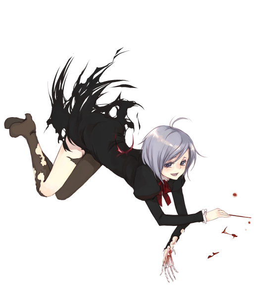 itou nanami, original, silver hair, 1girl, blood, bone, female focus, guro, short hair, simple background, skeleton, smile, solo, torn clothes